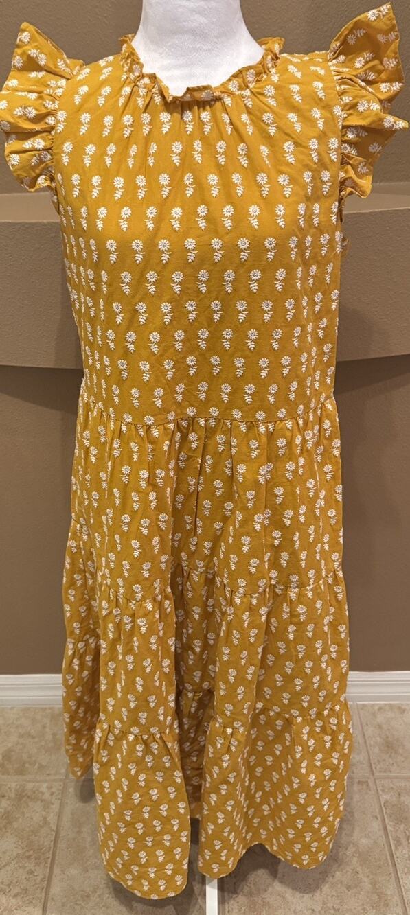 J. Crew Tiered 100% Cotton Voile Midi Dress Mustard Gold Flutter Sleeve Size S